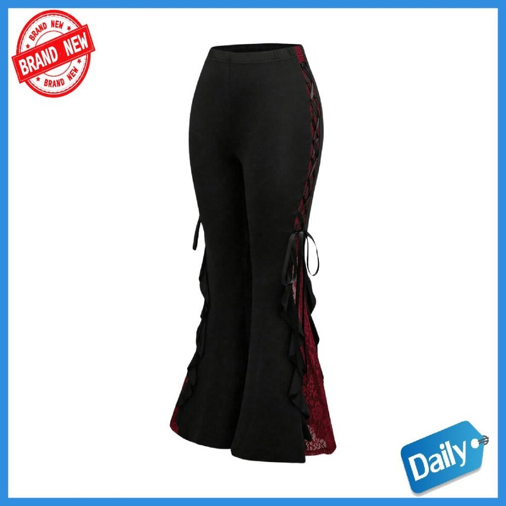 High Rise Flare Pants with Lace Trim and Bow Tie Detail - Soft Stretch Fabric